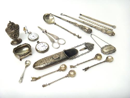 Mostly silver, foreign and silver mounted wares, comprising; a lady's fob watch with a key, a Waltham pocket watch, a Victorian spectacles case fitted