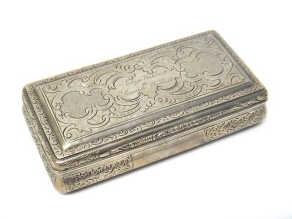 An Austrian snuff box, of bombe rectangular form, gilt within, the exterior engraved Eliza Walker to Samuel Walker, otherwise with scroll engraved and