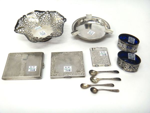 Silver, comprising; a shaped hexagonal bonbon dish, having scroll pierced decoration, Birmingham 1972, four condiment spoons and two similar oval salt