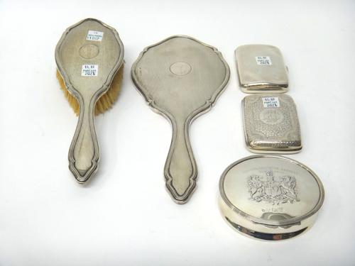 Silver and silver mounted wares, comprising; an oval hinge lidded box detailed 'The Hon The Irish Society A.D. 1613', Chester 1907, two cigarette case