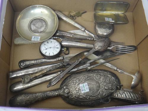 Silver and silver mounted wares, comprising; a rectangular cigarette case, the mount from a hand mirror, a small cream boat, a hunting cased pocket wa