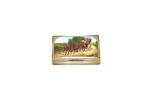 A silver and enamel rectangular hinge lidded box, the cover enamelled with a coaching scene, the coach drawn by four chestnut coloured horses and with