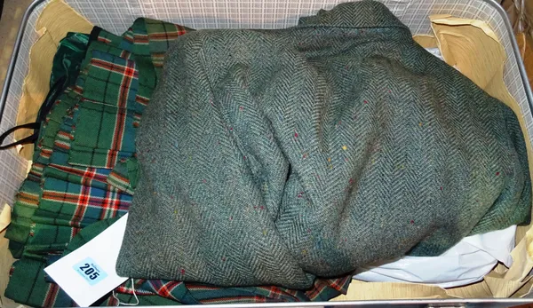 Clothing; A 20th century green kilt and tweed jacket with associated items. (qty)  S3