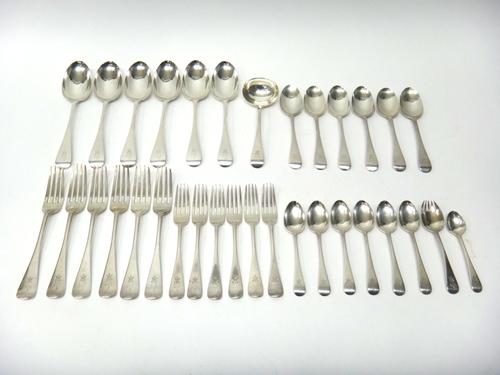 A Victorian silver Old English pattern part table service, comprising; six table forks, London 1861, six table spoons, London 1863, six dessert forks,