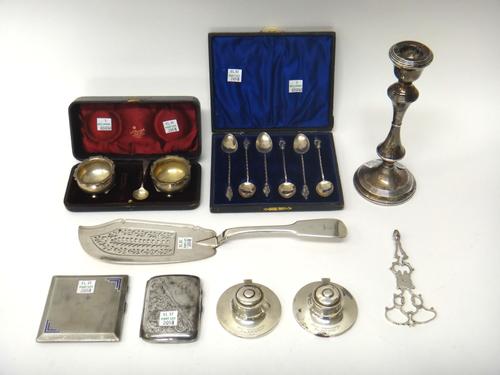Silver and silver mounted wares, comprising; a set of six teaspoons, having spiral stems and with figure terminals, Birmingham 1905, cased, a fiddle p