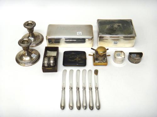 Silver and silver mounted wares, comprising; a rectangular table cigarette box, presentation inscribed to the hinged lid, wooden lined within, London