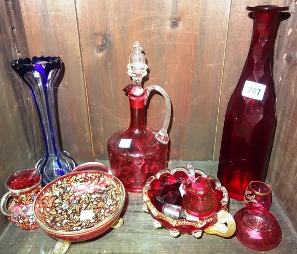 Glassware, comprising; 19th century and later, a cranberry coloured decanter, a blue flash glass vase and sundry cranberry items, (qty). Rost