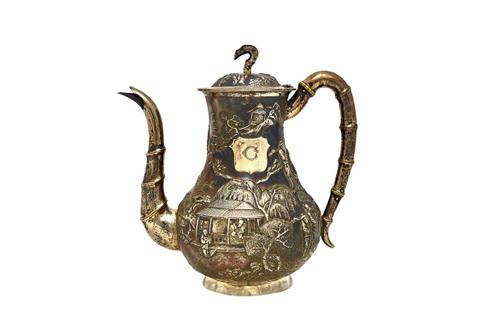 A Chinese composite four piece tea and coffee set, comprising; a teapot, a coffee pot, a twin handled lidded sugar bowl and a milk jug, variously deco