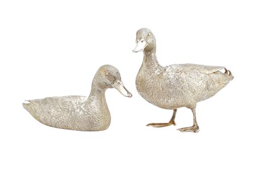 A pair of silver models of ducks, one standing, the other seated, maker's mark BSEP of B S E Products, (1974-1998), modern, size of standing duck leng