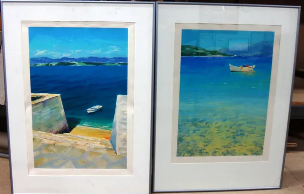 Donald Hamilton Fraser (1929-2009), Boats in still waters, a pair, colour screenprints, both signed, each 57cm x 38cm.   C1