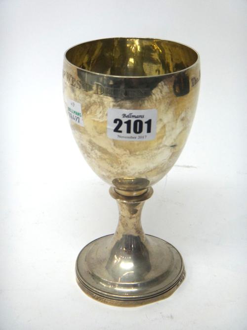 A George III silver trophy goblet, detailed The Agricultural Society of The Hundred of West Derby, to Mr John Rimmer, height 17.5cm, London 1809, weig
