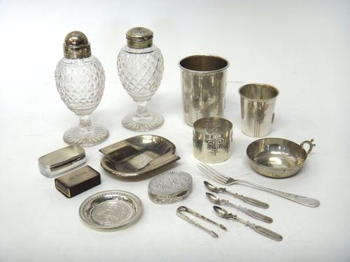 Foreign and plated wares, comprising; two beakers, a tasse de vin, an ashtray, two napkin rings, three miniature filigree spoons, an oval box, a small