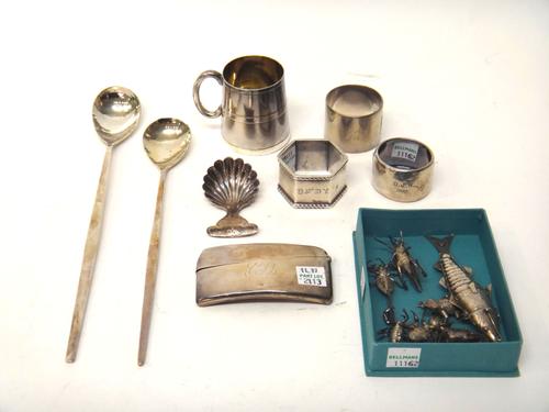 Silver, comprising; two Scottish long handled spoons, having fig shaped bowls, a shell pattern caddy spoon, Sheffield 1916, an octagonal napkin ring,