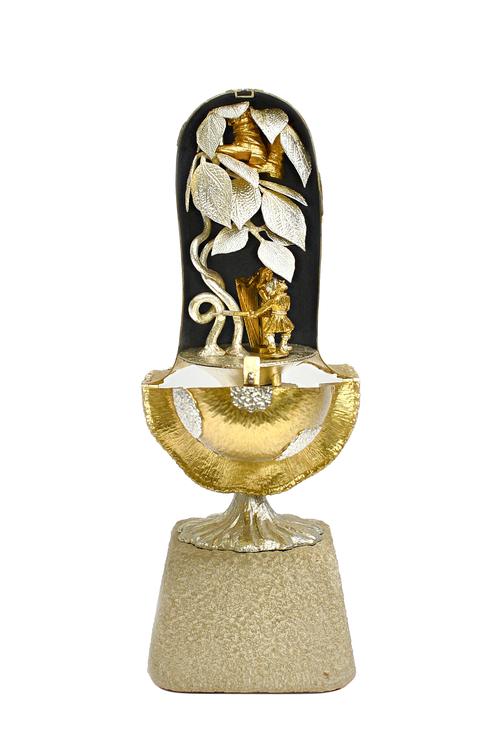 A silver and silver gilt limited edition ornamental mushroom, Jack and The Bean Stalk theme, raised on a stone base, London 1980, maker C.N. Lawrence,