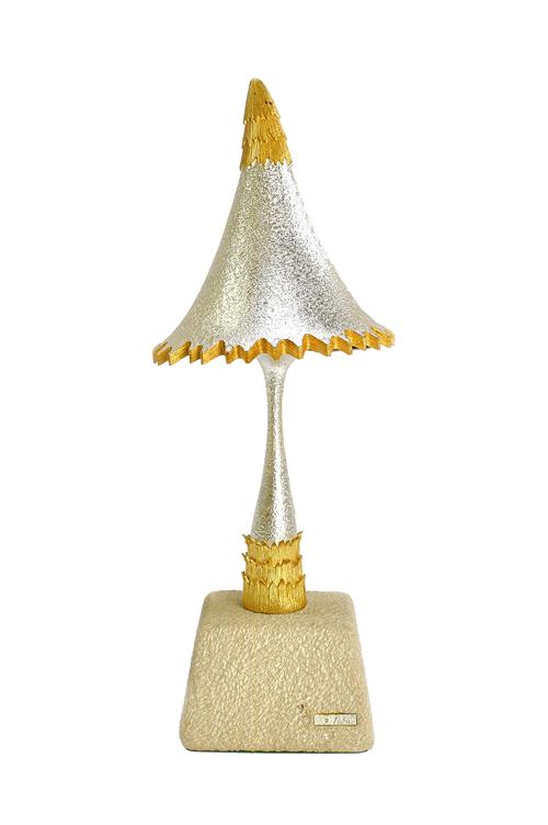 A silver and silver gilt limited edition ornamental mushroom, The Three Blind Mice theme, raised on a stone base, London 1985, maker C.N. Lawrence, he