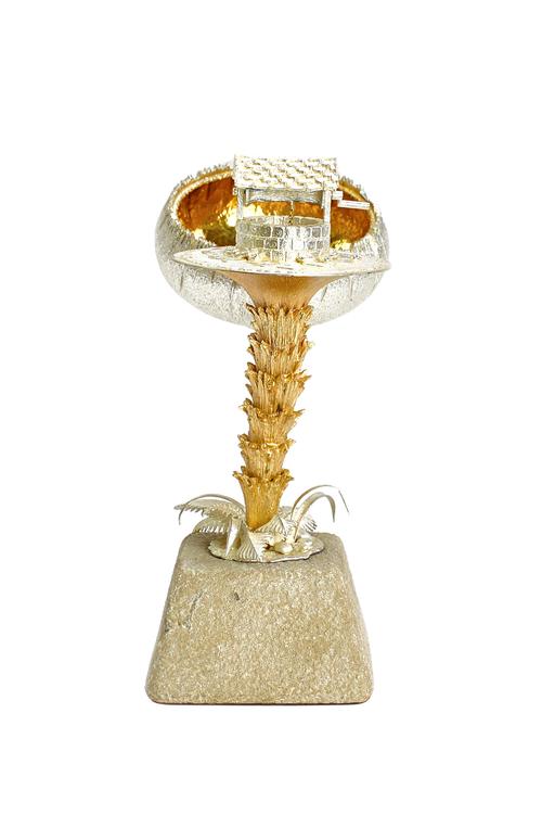 A silver and silver gilt limited edition ornamental mushroom, The Wishing Well theme, raised on a stone base, London 1976, maker C.N. Lawrence, height
