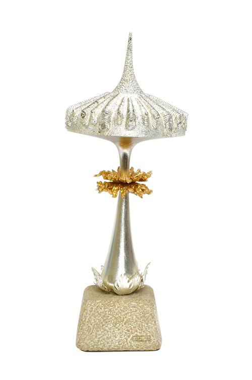A silver and silver gilt limited edition ornamental mushroom, board game with figure of Chinaman theme, raised on a stone base, London 1976, maker C.N