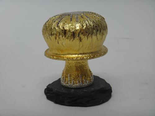 A silver and silver gilt limited edition ornamental mushroom,  The Egg Builders theme, raised on a slate base, London 1982, maker C.N. Lawrence, heigh