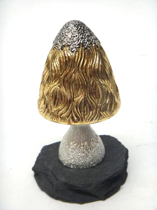 A silver and silver gilt limited edition ornamental mushroom, Egg Transporters theme, raised on a slate base, London 1983, maker C.N. Lawrence, height