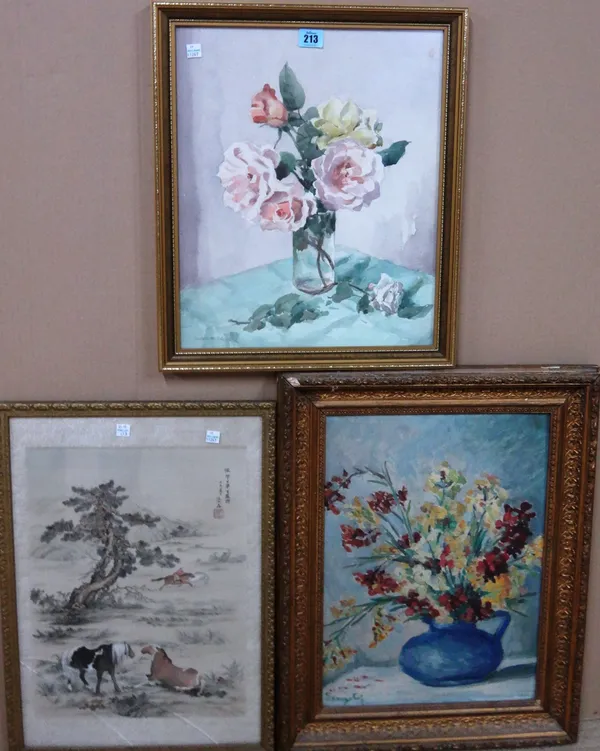 A group of three, including a watercolour still life of roses by Beatrice Johnson, an oil still life of flowers signed Sengelot, and a Japanese print