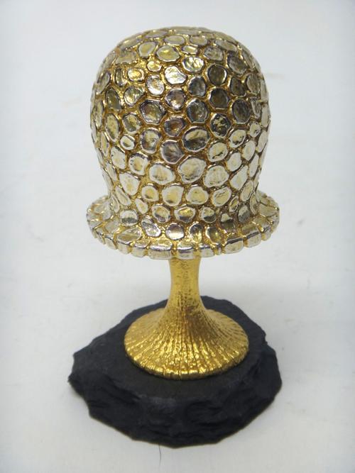 A silver and silver gilt limited edition ornamental mushroom, Making a snowman theme, raised on a slate base, London 1984, maker C.N. Lawrence, height