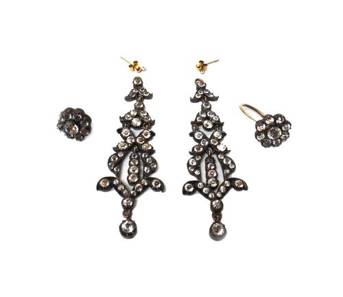 A pair of colourless paste set pendant earrings, mounted with foil backed colourless pastes, a pair of colourless paste set cluster tops (detached), p