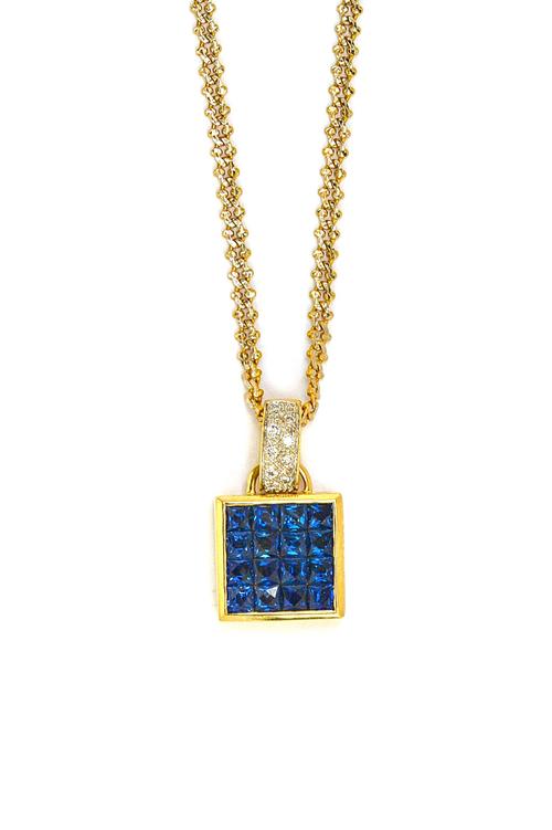A sapphire and diamond square pendant, set with sixteen calibre cut sapphires, the suspension loop set with ten brilliant cut diamonds, stamped '18K',