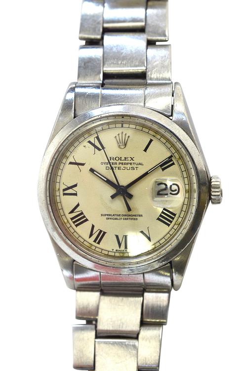 Rolex; a gentleman's stainless steel, circular cased Oyster Perpetual Datejust bracelet wristwatch, Ref: 1603, circa 1972, the signed circular silvere