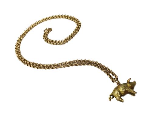 A 9ct gold pendant designed as a standing pig, with a 9ct gold circular link neckchain, on a boltring clasp, combined weight 14.4 gms.