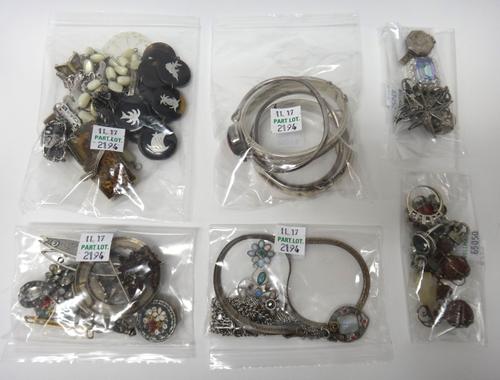 Silver and other jewellery, comprising; an opal and green gem set pendant necklace, a moonstone and red gem set pendant with a neckchain, six pendants