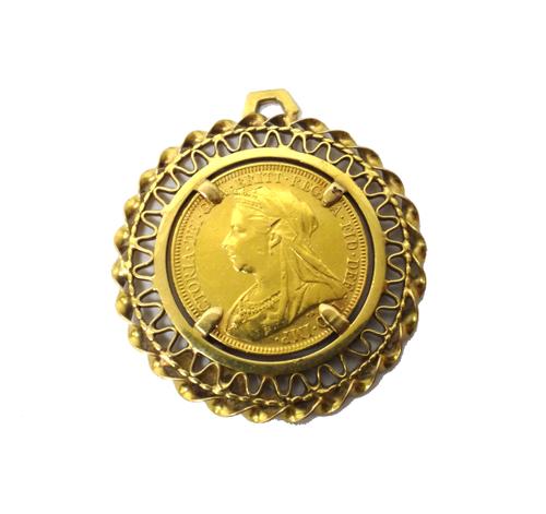 A Victoria old head sovereign, 1896 M, in a pendant mount having a ribbon twist border.