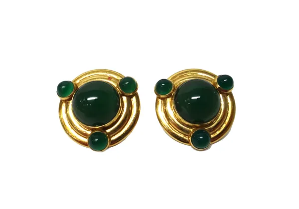 A pair of gold and dyed green chalcedony earclips, each of circular form, mounted with the principal dyed green chalcedony to the centre, within a sur