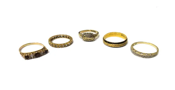 An 18ct gold mourning ring, London 1837, two 9ct gold and diamond set rings, a gold, garnet and colourless gem set five stone ring and a gold and colo