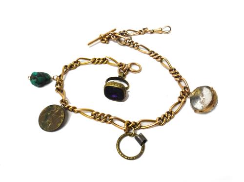 A gentleman's 15ct gold open and closed curb link watch Albert chain, fitted with a 15ct gold T bar, a 15ct gold swivel and with a boltring detailed 1