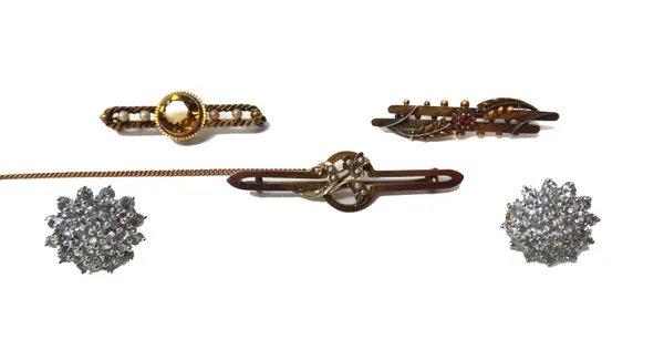 A 15ct gold and ruby single stone bar brooch, having foliate spray motifs, a gold, citrine and seed pearl bar brooch, detailed 15 CT, a gold and seed