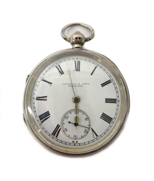 A silver cased, key wind, openfaced gentleman's pocket watch, with a gilt lever movement, detailed to the backplate Fattorini & Sons, Bradford, 311484