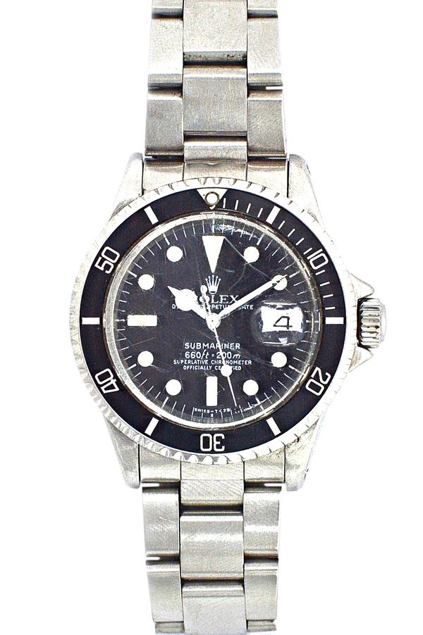 A Rolex Submariner Oyster Perpetual Date steel bracelet wristwatch, Ref. 1680, the signed black dial, with luminous dot, baton and triangular numerals