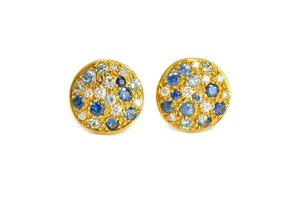 A pair of gold, diamond, sapphire and vary coloured blue gem set earstuds, of circular form, the backs with post and butterfly clip fittings, detailed