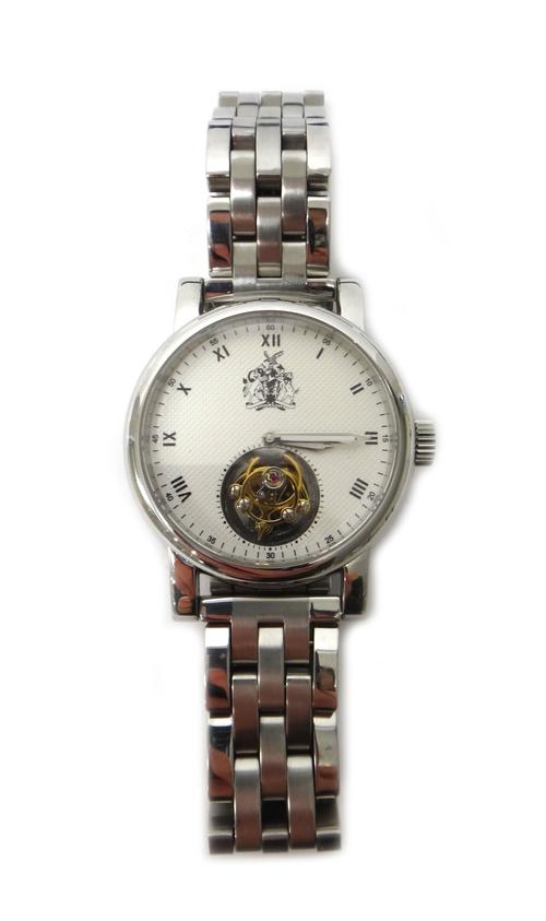 A British Horological Institute 150 Tourbillon steel cased gentleman's wristwatch, the textured dial detailed with a coat of arms and BHI 150, with bl