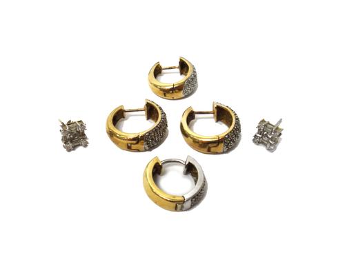 A pair of diamond set square cluster earstuds, mounted with baguette and circular cut diamonds, the backs with post fittings, a pair of 9ct gold and d