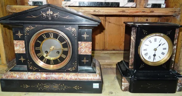 Two Victorian black slate mantel clocks, (2).  B10