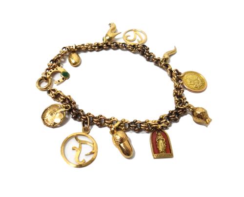 A gold multiple link bracelet, on a boltring clasp, fitted with eleven mostly gold charms, including; a lady's shoe, a coffee bean, a vase and an acor