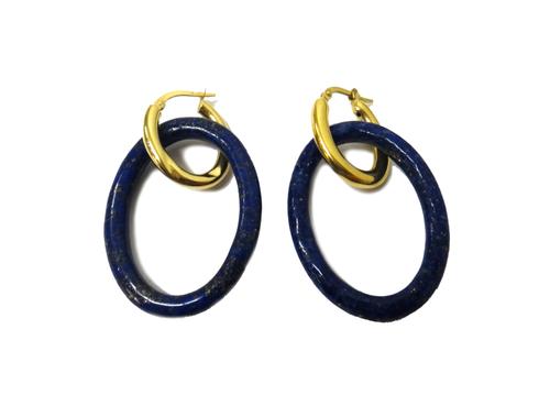 A pair of gold and lapis lazuli earrings, each with a gold hoop to the top and with an oval lapis lazuli hoop to the drop, the tops with folding bar f
