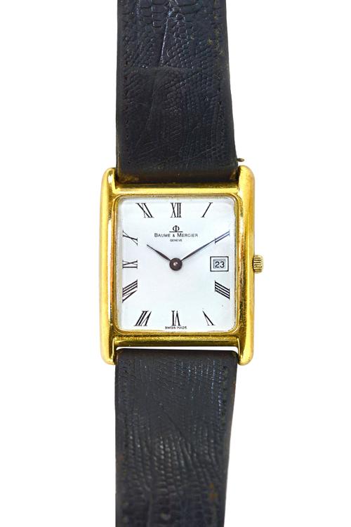 A Baume & Mercier gold rectangular cased gentleman's wristwatch, the signed white dial with black Roman numerals, black hands and with a date of the m