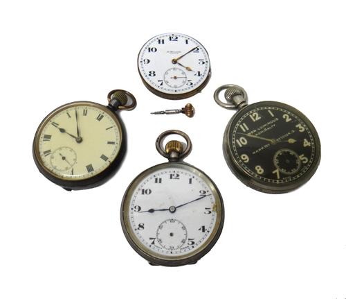 A base metal cased, keyless wind, openfaced pocket watch, with a jewelled movement, detailed Octava Watch Co, Switzerland, the black dial with Arabic