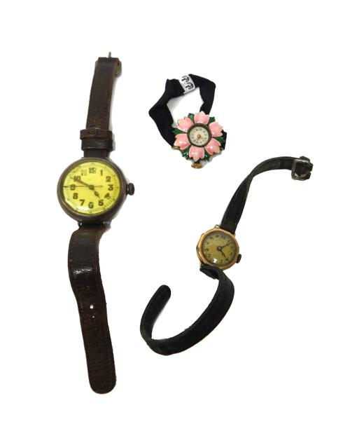 A Cyma 9ct gold circular cased lady's wristwatch, Chester 1933, a silver circular cased wristwatch, with a jewelled Swiss lever movement, numbered 650