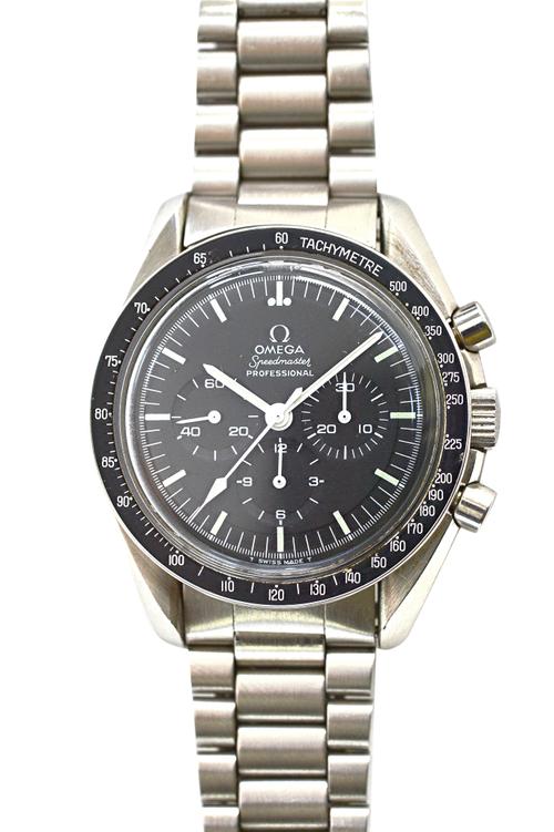 An Omega Speedmaster Professional steel gentleman's bracelet wristwatch, Re: 861, the signed black dial with three subsidiary dials, white hands, cent