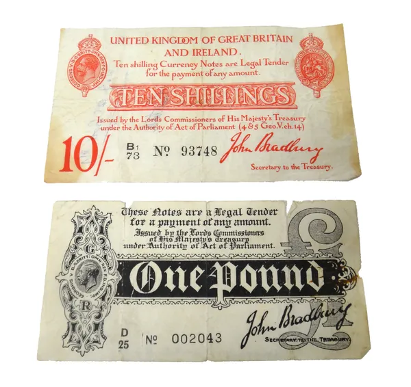A George V John Bradbury first issue black and white one pound note and a George V John Bradbury second issue red and white ten shillings note, (2).