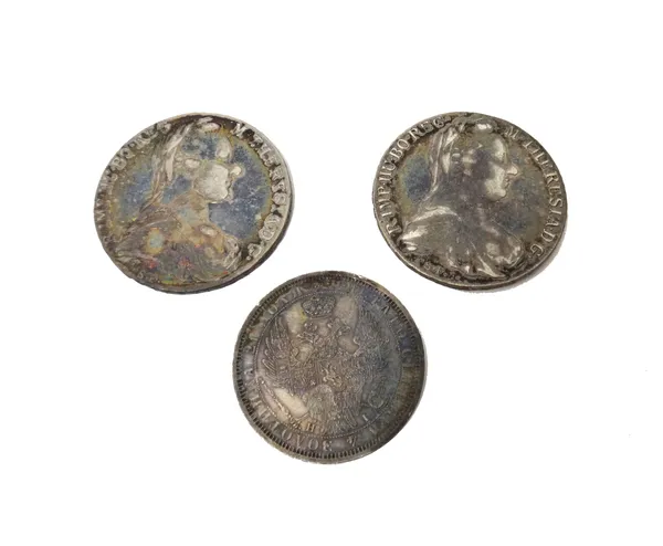 A Russian silver rouble 1854 and two re-struck Maria Theresia dollars 1780, (3).