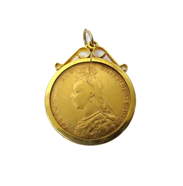 A Victoria Jubilee head sovereign 1892 M, in a 9ct gold pendant mount, combined weight 9.4 gms.